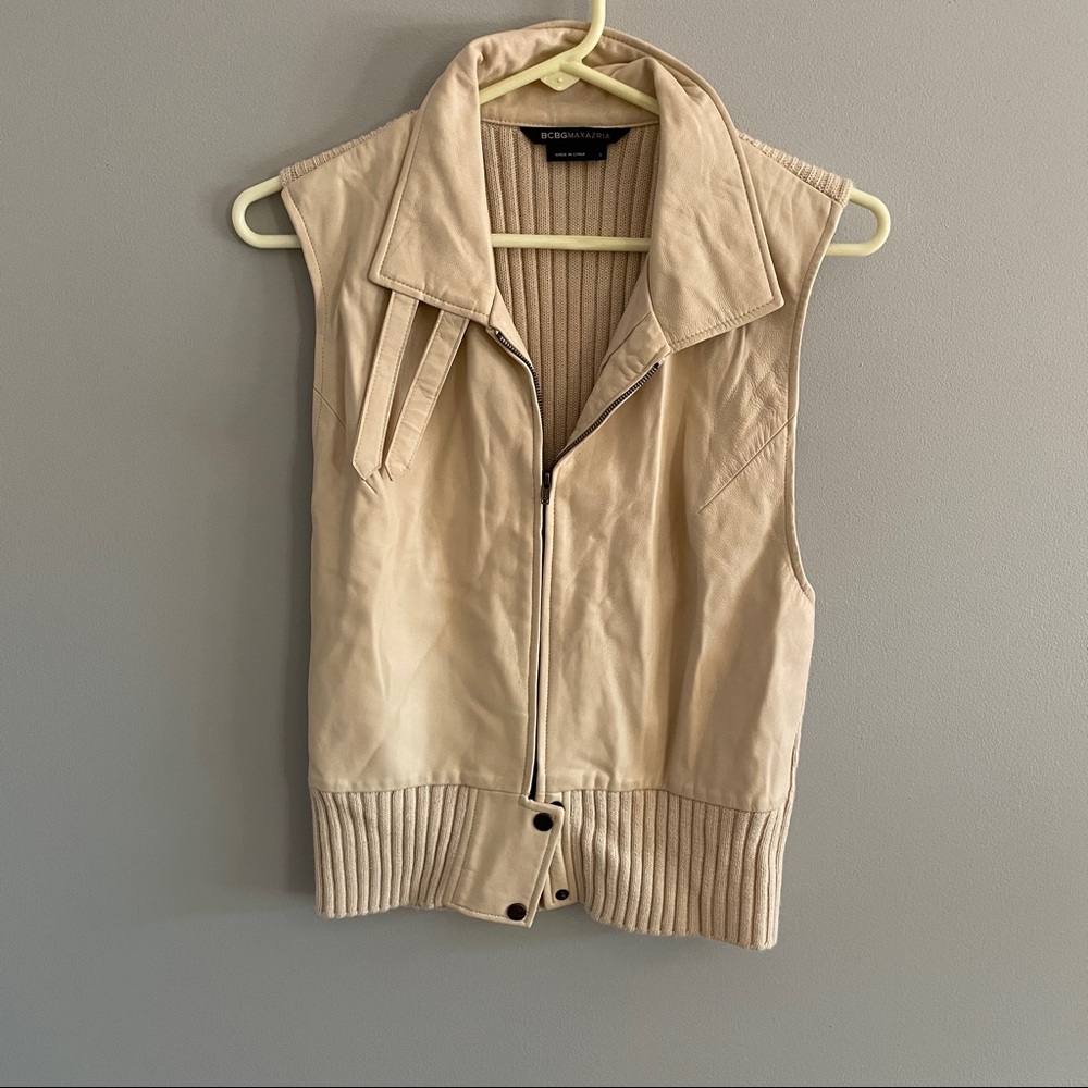 BCBG 90s Cream Mixed Material Leather Moto Vest Sz L